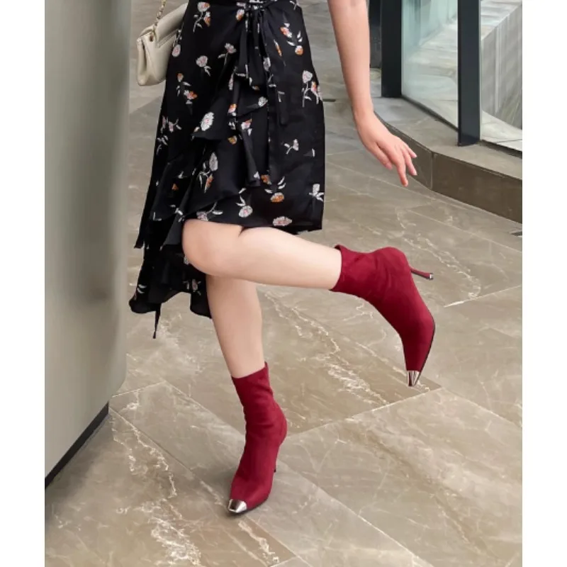 Fashion Autumn and Winter Sheepskin New Women's Shoes Formal High Heels Wine Red Leather Square Toe Elastic Boots