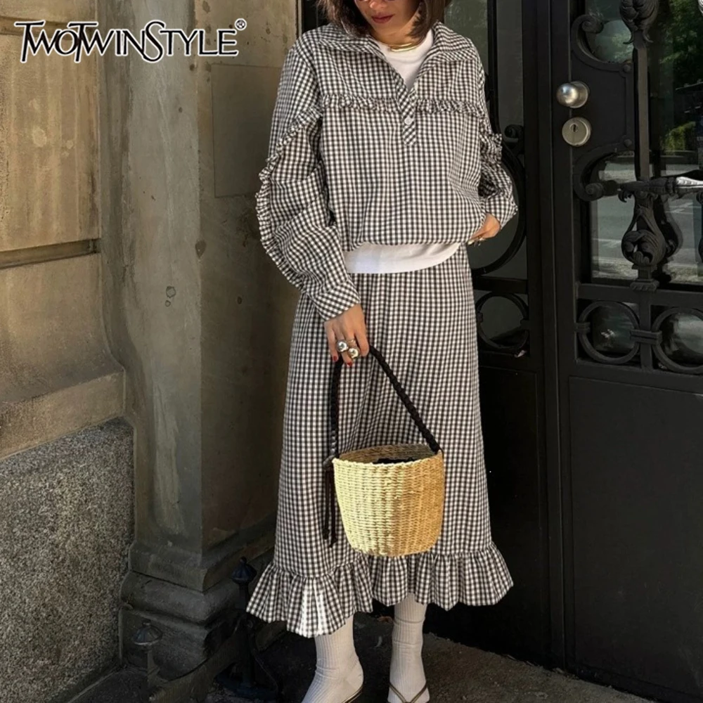 TWOTWINSTYLE Plaid Gingham Two Piece Sets for Women Lapel Frill Long Sleeve Top Ruffle Hem Midi Skirt for Korean Vacation Style