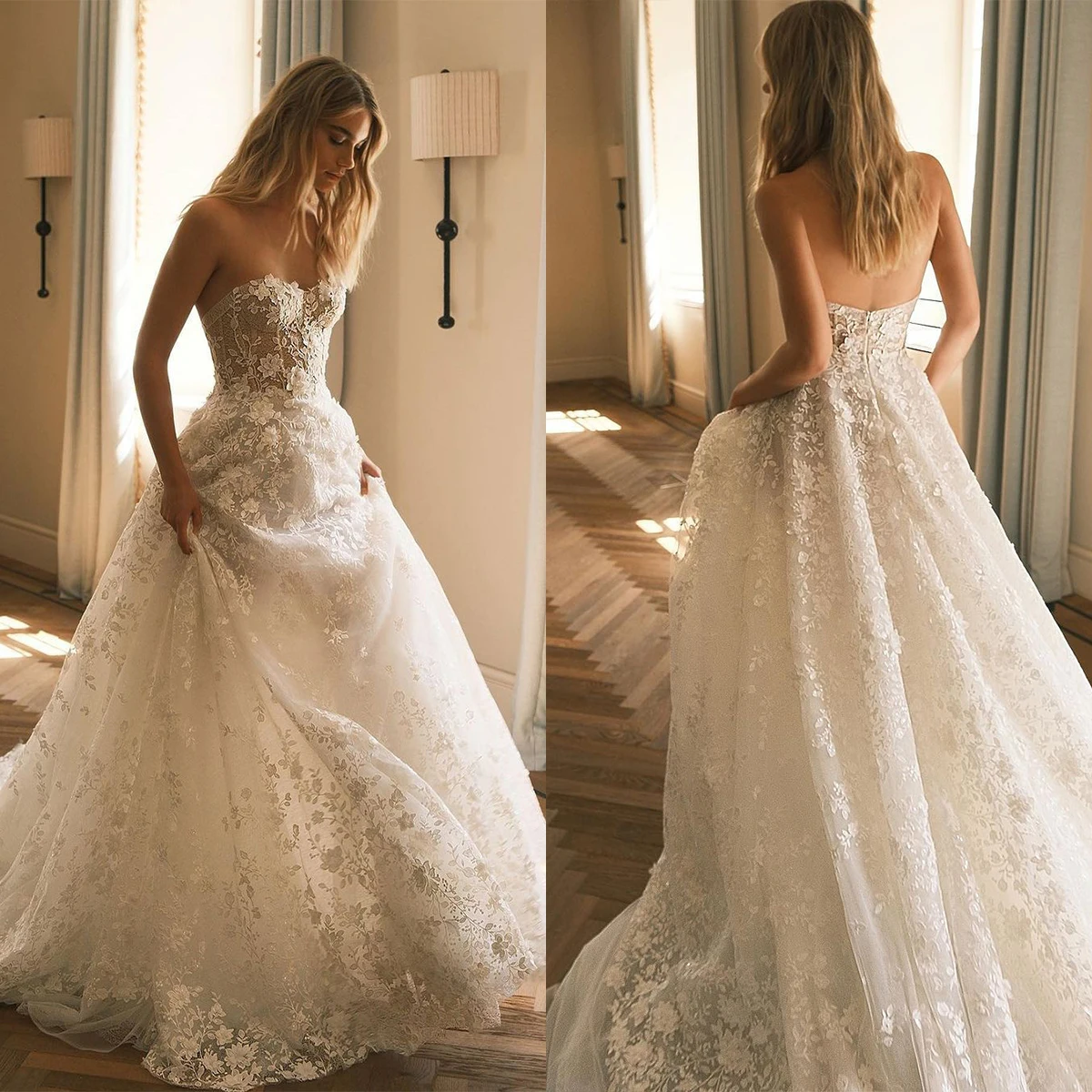 

Modern A Line Wedding Dresses For Woman Strapless Lace Applique Bridal Gown Sweep Train Robe De Mariée 2024 Custom Size