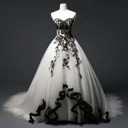 Black And Ivory Gothic Wedding Dress Piping Tiered Long Tulle Bridal Gowns Sleeveless Vintage Vestido De Novia Customized
