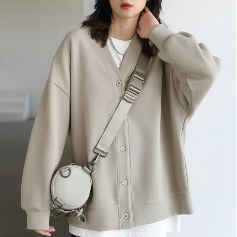 Korean Women Thick Warm Sweatshirt Autumn Winter Harajuku Coat Sports Casual Loose V-Neck Solid Office Lady Preppy Cardigans