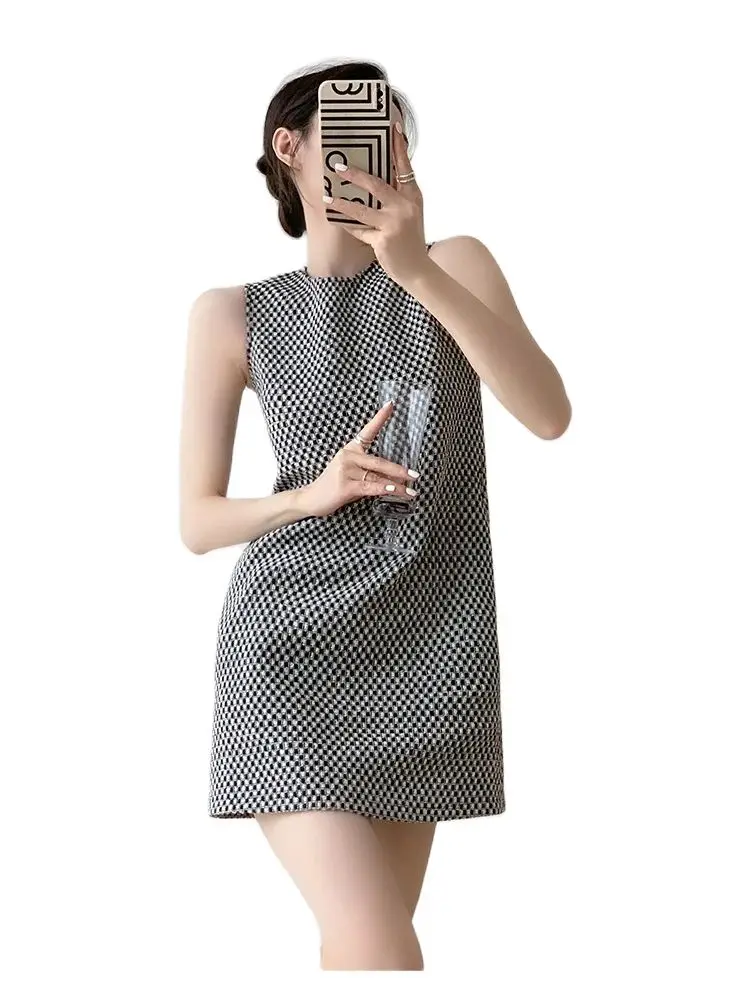 Dress Summer New Women's Short Sleeve Retro Fashion Round Neck Pocket Slim Geometric Line Jacquard Dress A-line Dress