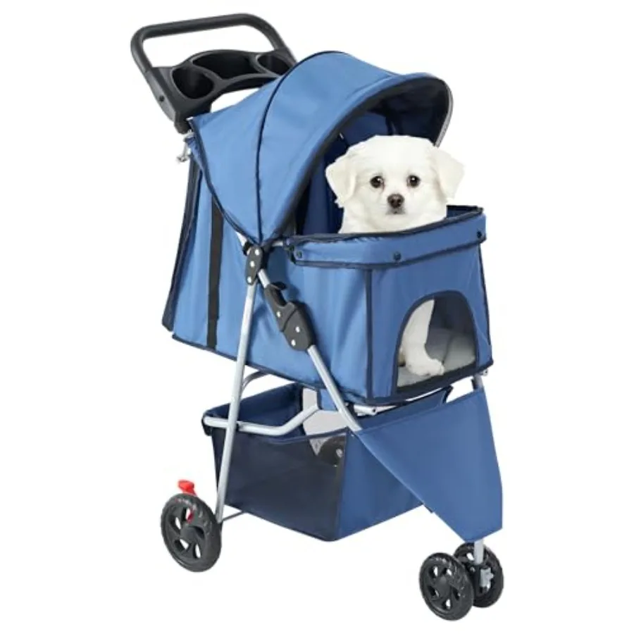 

Sweetcrispy 3 Wheels Pet Stroller for Small Dogs and Cats Foldable Dog Stroller with Mesh Windows Storage Basket and Cup Holder