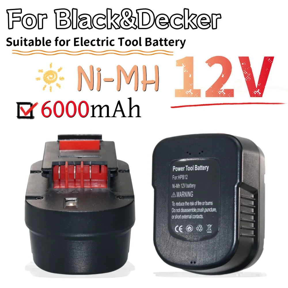 6000mAh Ni-MH Rechargeable Cordless Power Tool Battery For Black&Decker 12V A12 A12EX FSB12 FS120B A1712 HP HP12