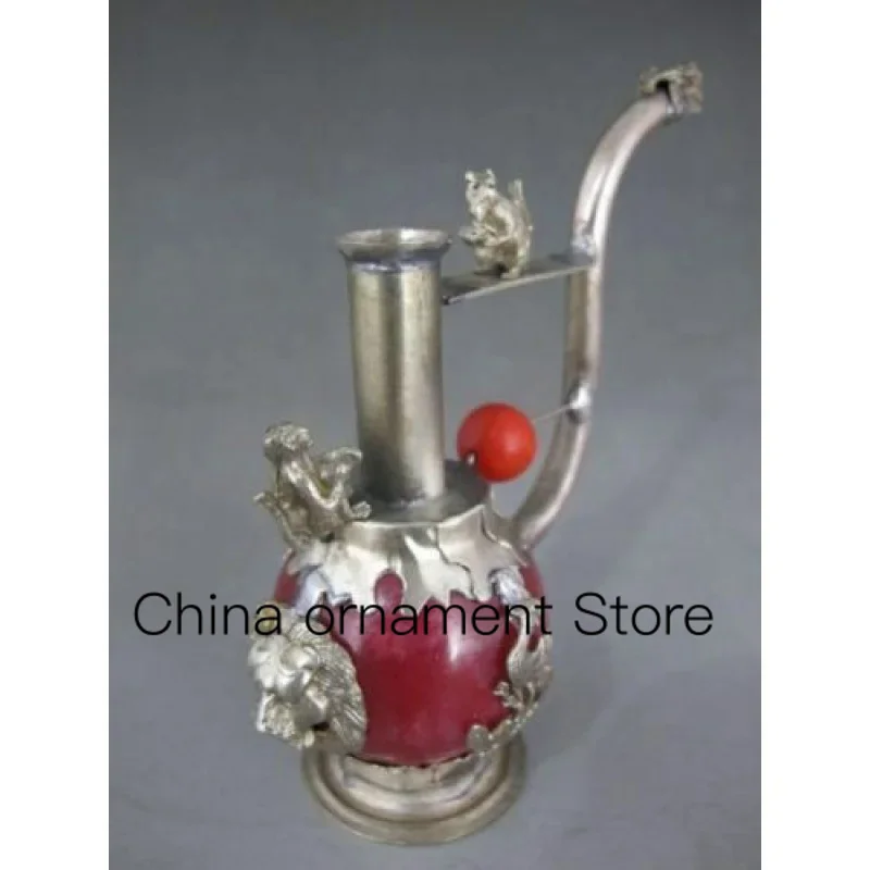 

Old Handmade Ruby Inlaid Tobacco Pipe Tibet Silver Dragon Tobacco Pipe Collection No Reserve Price