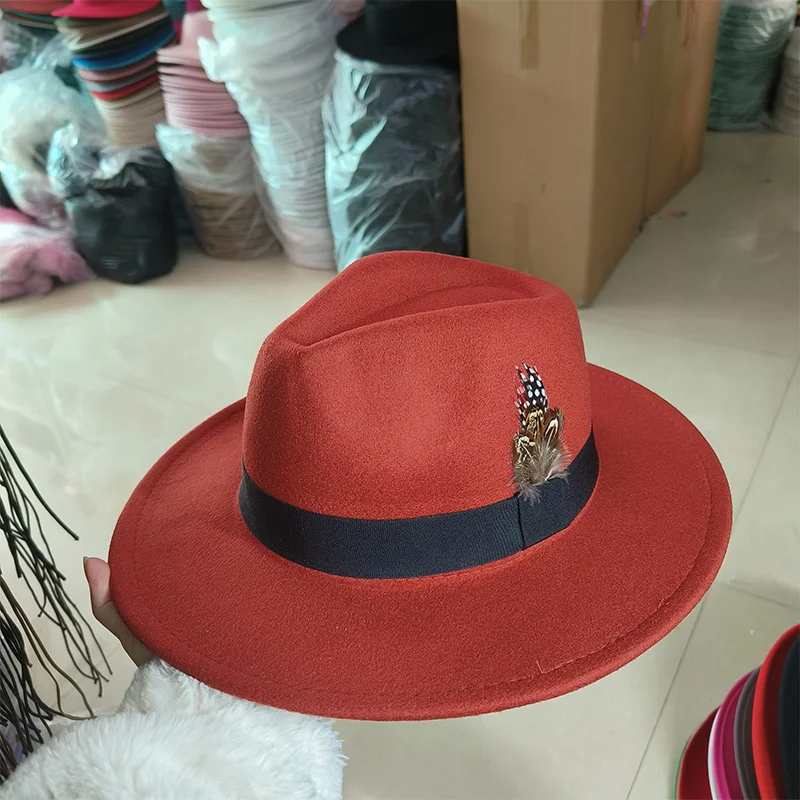 7cm Fedora z szerokim rondem brzoskwiniowe serce cylinder męskie pióro Fedora taśma Panama jazzowy kapelusz biznes kapelusz hurtowy sombrero