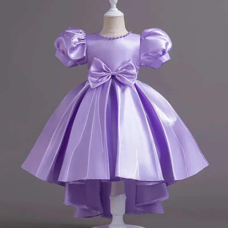 Fashion Solid Color Girl Evening Gown Short Sleeve Bow Kids Dresses for Girls Summer Girls Party Dress 1-10 Years