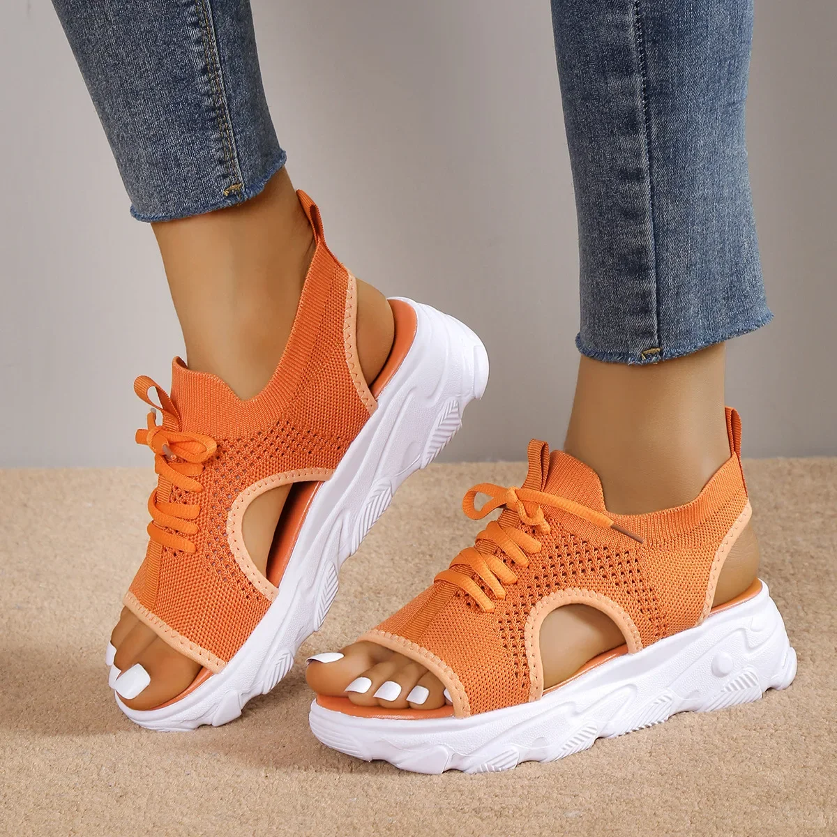 Sandal Women Summer 2023 Casual Platform Shoes Thick-Soled Lace-Up Sandalias Open Toe Beach Shoes for Women Zapatos Mujer