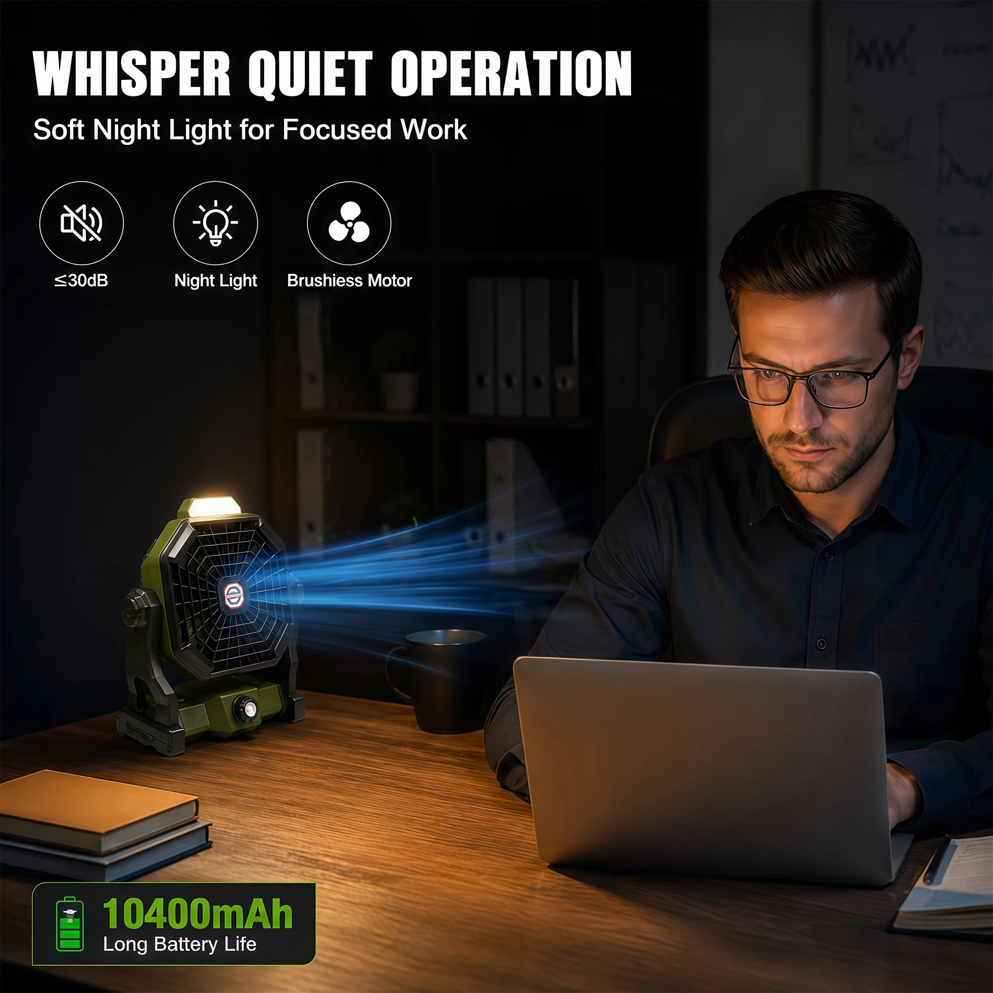 10400Mah Long-Lasting Portable Camping Fan, Brushless Motor for Quiet Operation, Stepless Speed Adjustment with Three Light Settings, Abs Material, Suitable for Outdoor Camping Tents, Fishing, Hiking, Etc