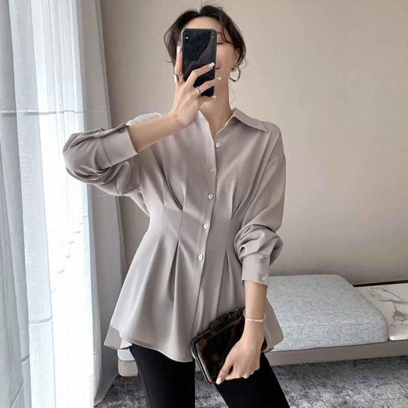 Blouses Women Chiffon Shirts Long Sleeve Shirring Design Spring Summer All-match Elegant Graceful Chic Defined Waist Mature Lady