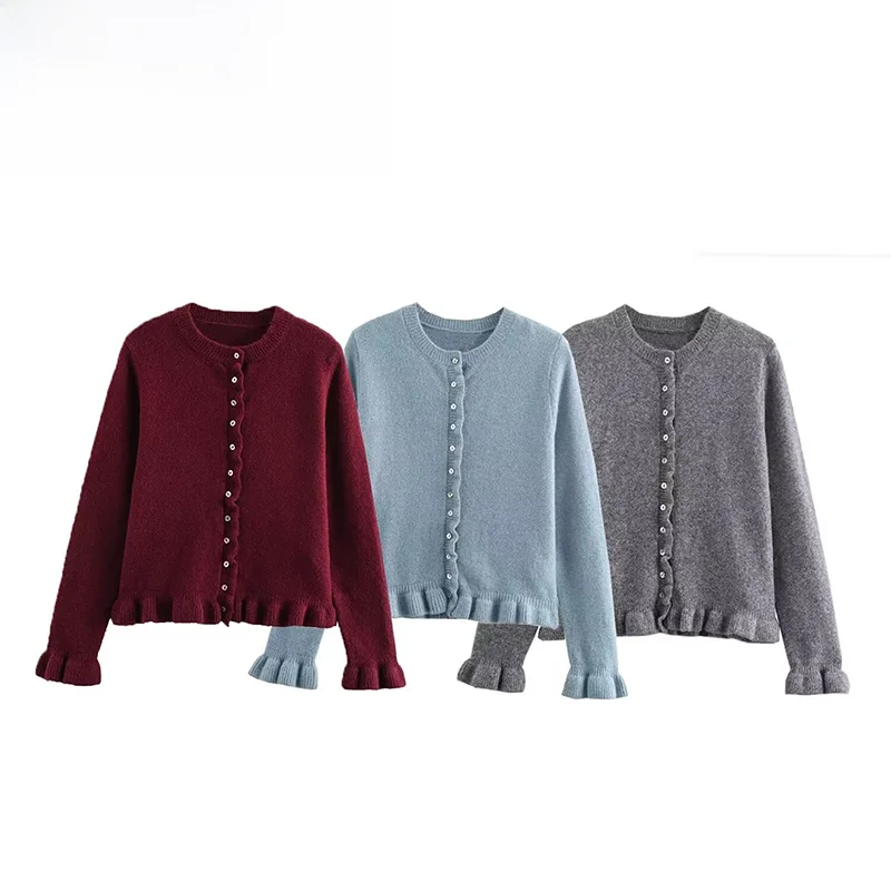 

Модный вязаный кардиган для женщин из полиэфирного волокна с длинными рукавами, круглым вырезом, на пуговицах, с многослойным декором, осенняя новинка.