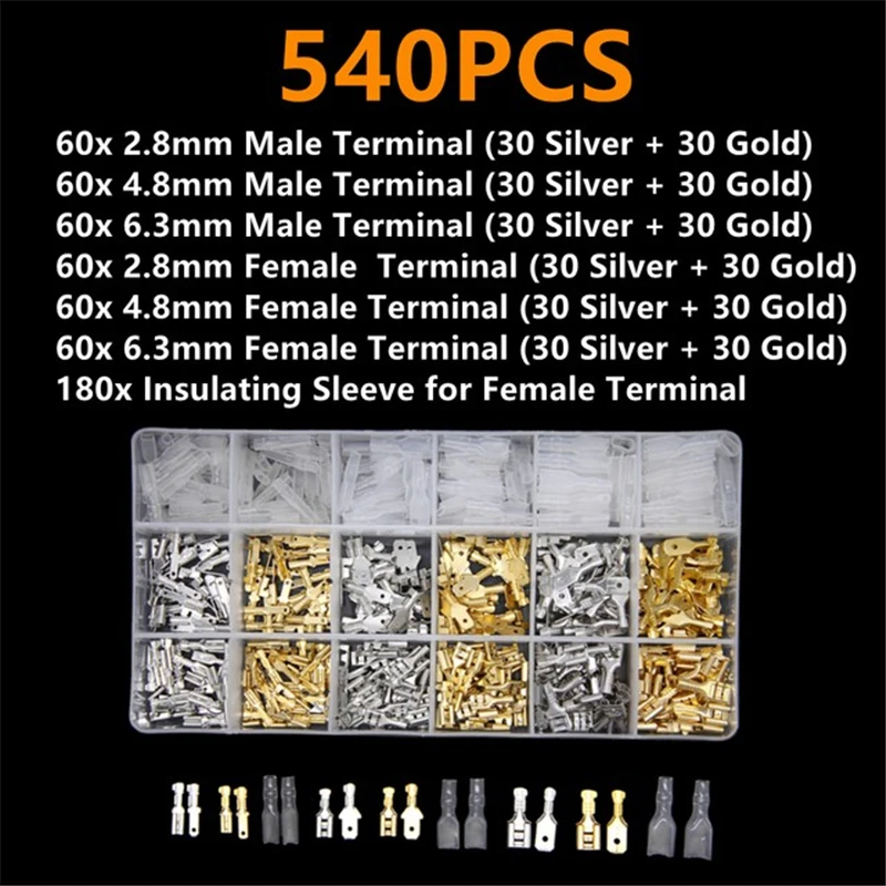 

540PCS male and female bare terminals 2.8/4.8/6.3 spring insert sheath terminal block male and female plug set