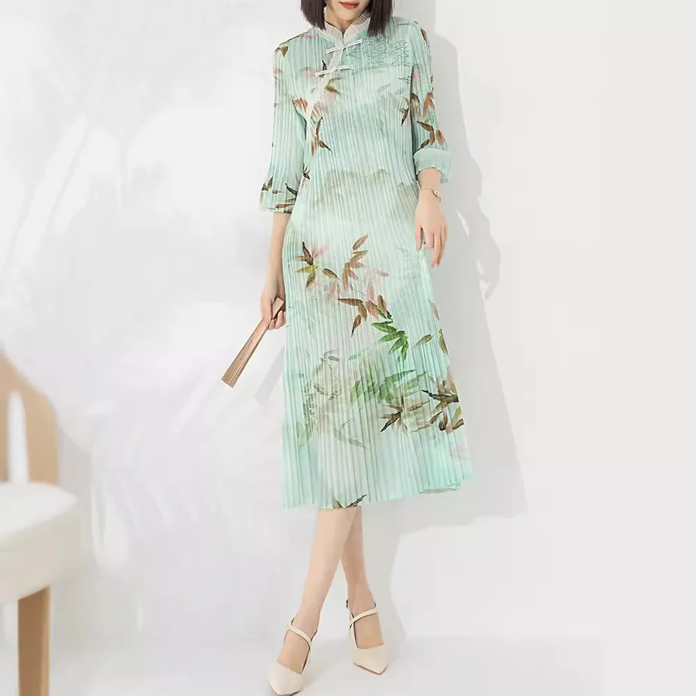 

Miyake Pleated New Chinese Dress Women 2024 Spring Fashion Floral Print Stand Collar Bell Sleeves Retro Style Loose Clothes