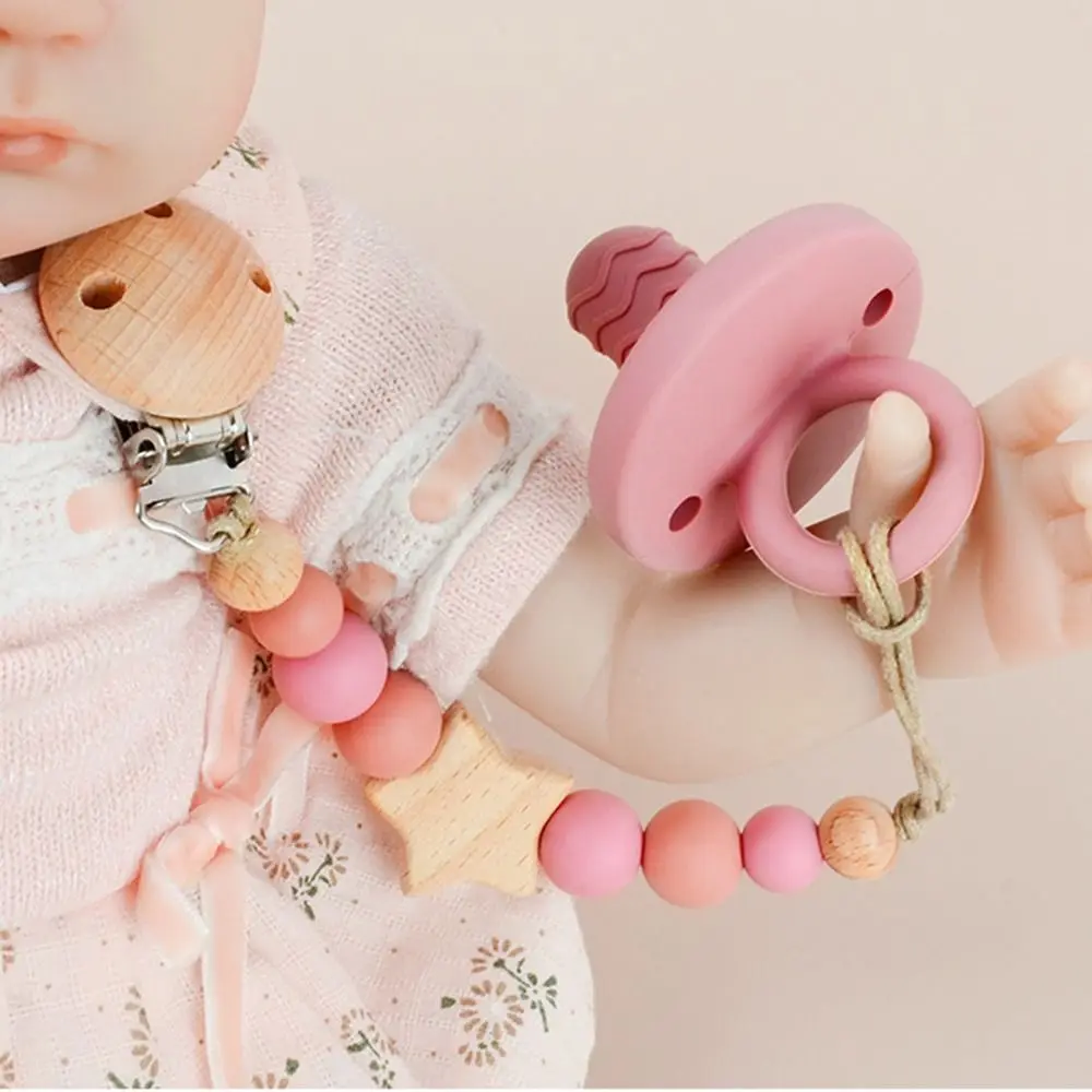 Dummy Clips Pacifier Holder Clips Star Wood Baby Pacifier Chain Nipple Holder Clips Soother Holder Baby Teether Toys Straps