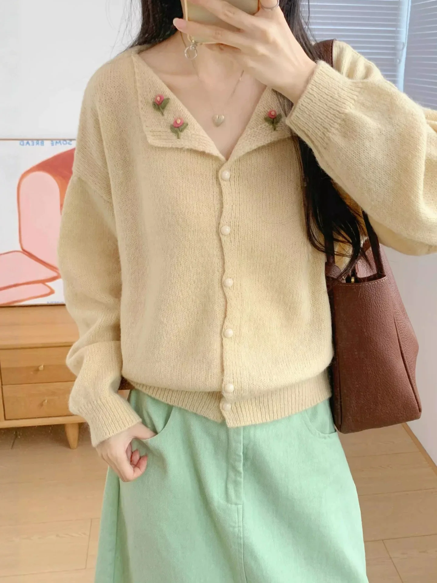 Dopne ing Yellow Flower Long Sve Knitted Open Cardigan Women's Early Autumn Aosphere Top Large Size Casual Wear