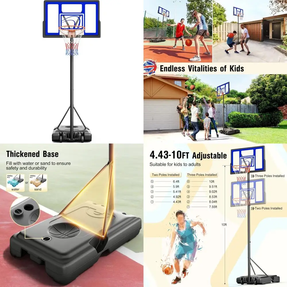 طوق كرة سلة محمول - حافة خارجية قابلة للتعديل بطول 10 أقدام، 44 لوحة خلفية للأطفال والشباب والكبار، مثالية لجميع الأعمار