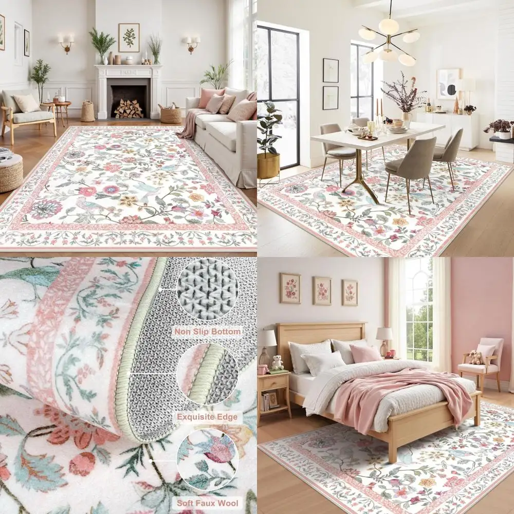 

Soft Pink Floral 8x10 Rug - Washable, Low Pile, Non-Slip for Living Room & Dining Area