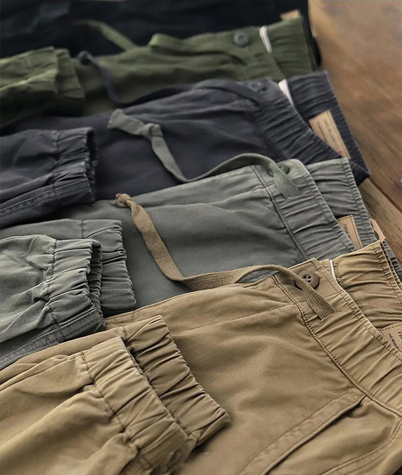 남성용 가을 100% 코튼 카고 팬츠, 지퍼 솔리드 컬러 펜슬 팬츠, 아메리칸 캐주얼 패션 레트로 남성 사파리 스타일 바지