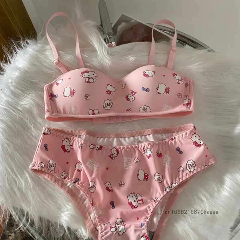 Sanrio Hello Kitty Cute Cartoon Print Underwear Set Sweet Soft Y2k Girlish Style Kawaii Bra Suit Fashion Harajuku Lingerie Panty