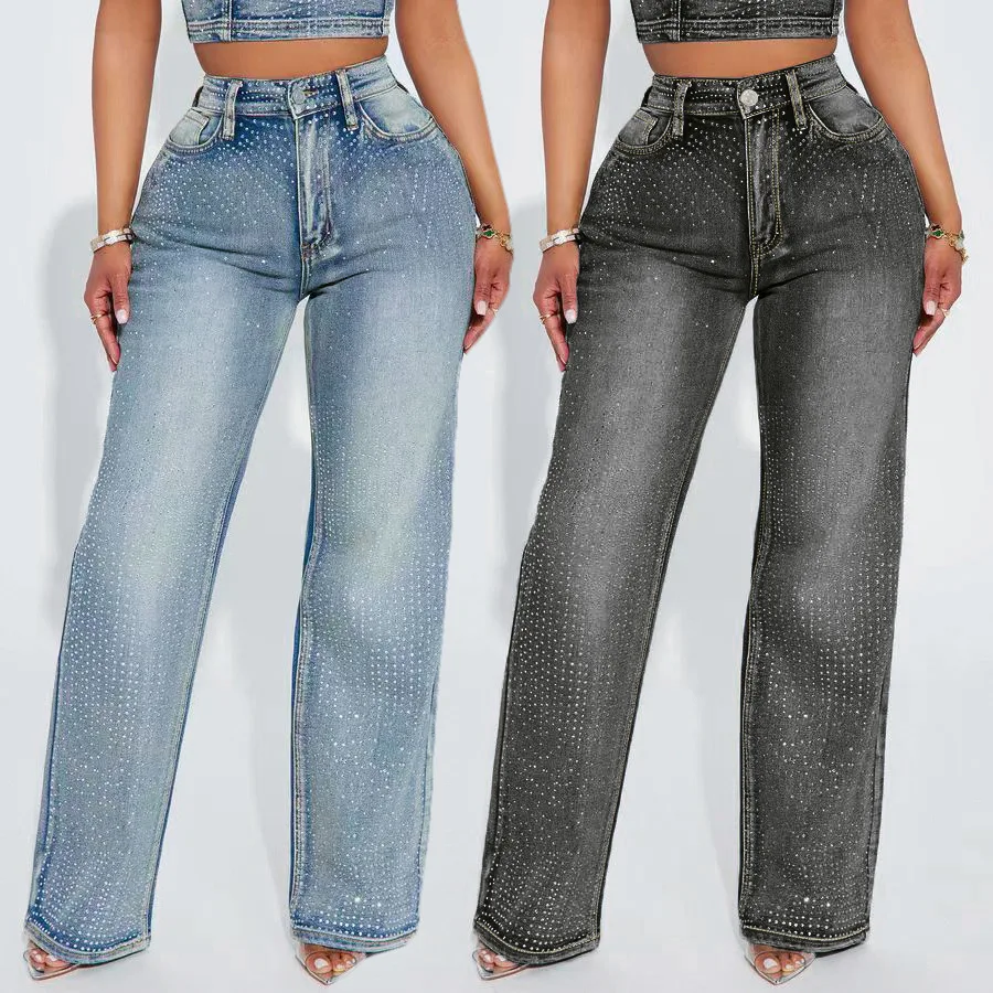 

Women Denim Pants Autumn Winter Fashion Diamond High Waist Straight-Leg Denim Pants Streetwear Lady Casual Jeans Trousers