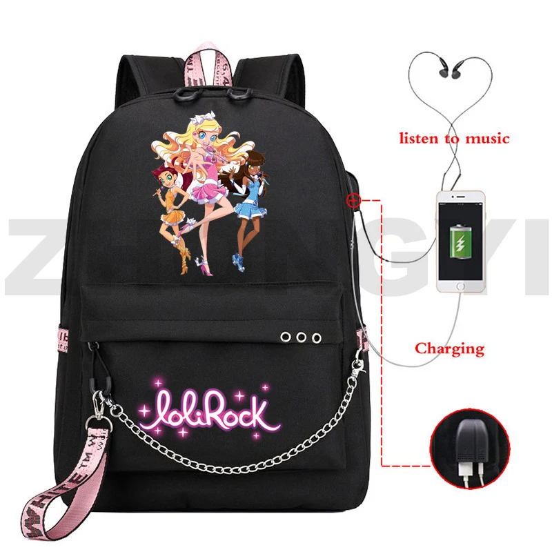 New Lolirock Backpack School Bag Cartoon Anime USB Rucksack Chain Leisure LoliRockstar Backpack Women Travel Bag Teenagers