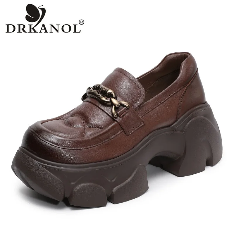 

DRKANOL/женские лоферы на толстом высоком каблуке 7 см, увеличивающие рост, женские повседневные туфли без шнуровки из натуральной коровьей кожи на металлической массивной платформе, черные