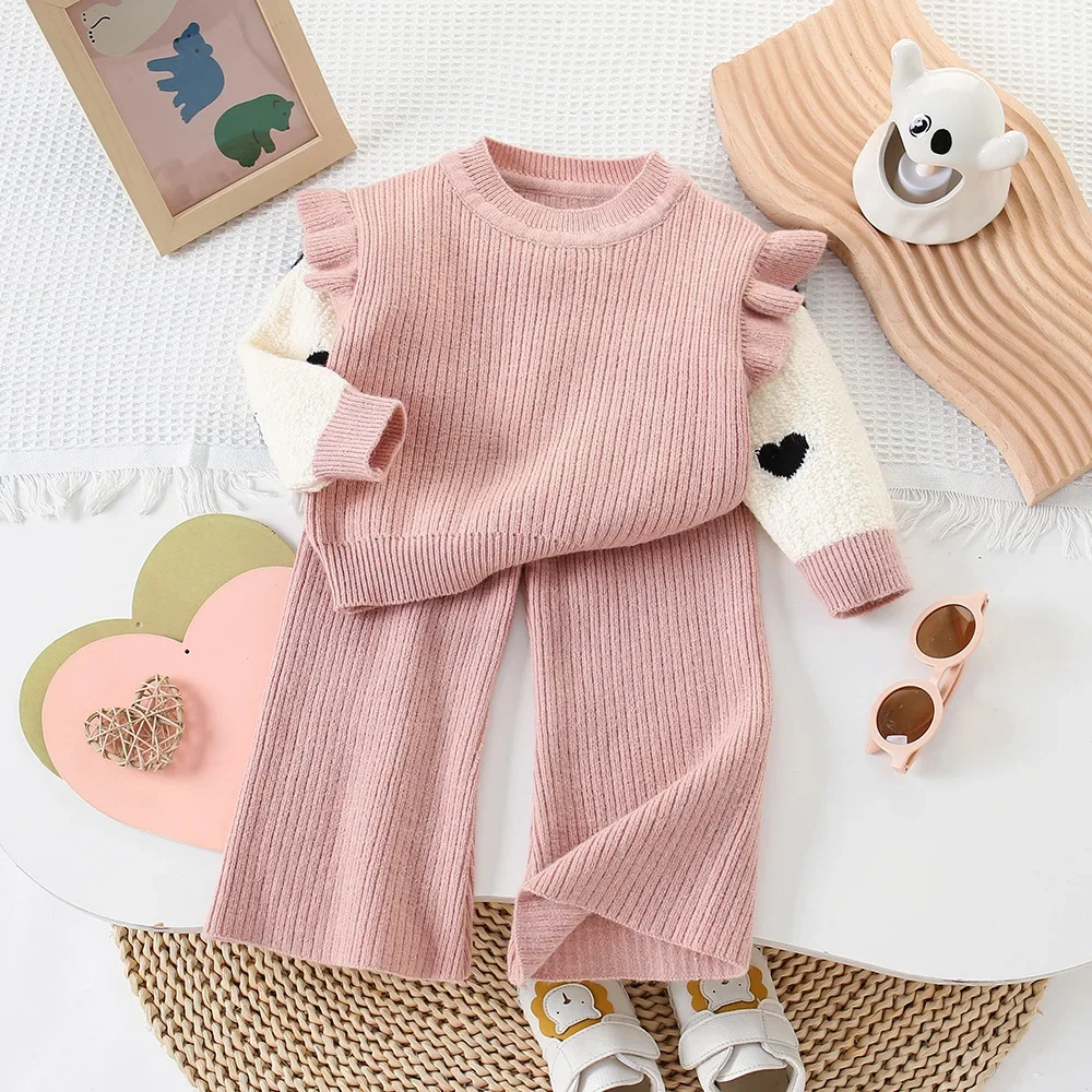 Children's Clothing Sets Love Lace Knit Top + Wide-leg Pants 2pcs Sets Knit Sweater Kids Winter Clothes Baby Girl Outfit Set