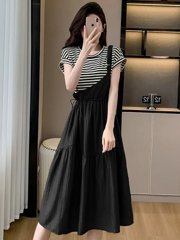 

Casual Striped Splice Slimming Dress Women's Summer New Style Commute Korean Version A-Line Skirt Short Sleeve round Neck