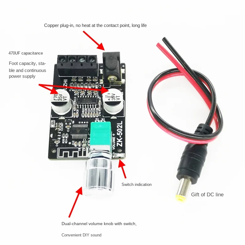 Mini version 20W30W40W50WX2 Bluetooth 5.0 digital power amplifier board knob to adjust the volume with switch 502L