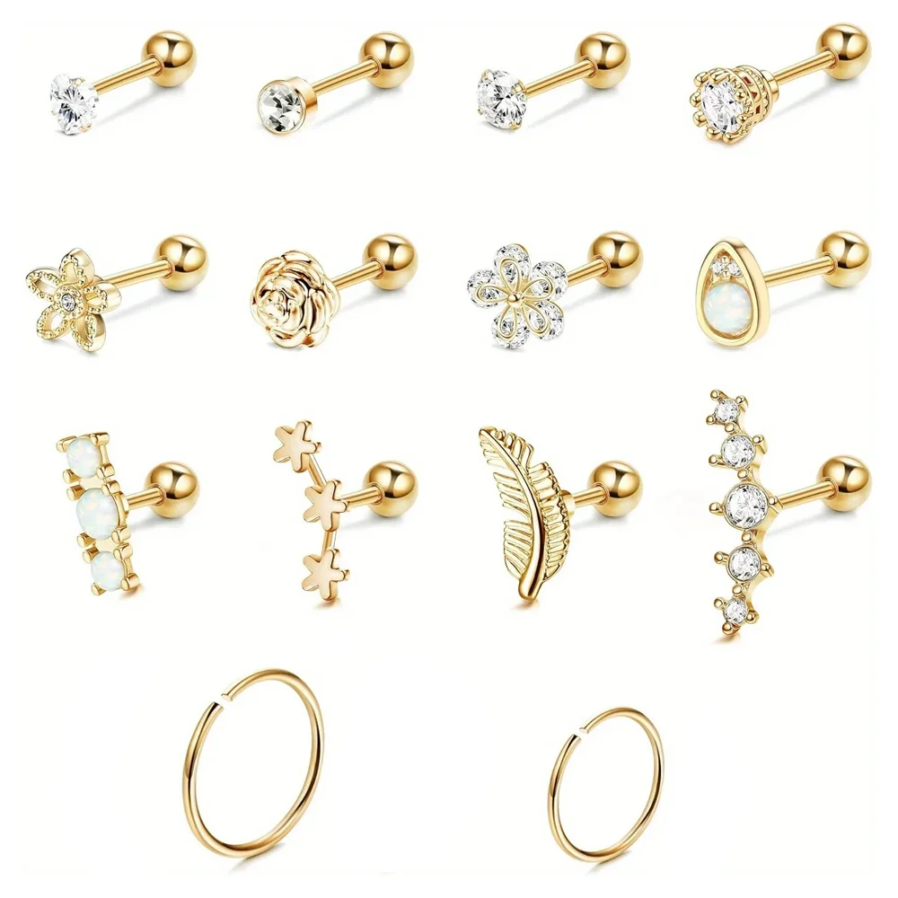 Drperfect chirurgiczne kolczyki ze stali nierdzewnej 16G chrząstki szpilki Helix kanapa Hoop Piercing zestaw kolczyków Opal błyszczące kolczyki