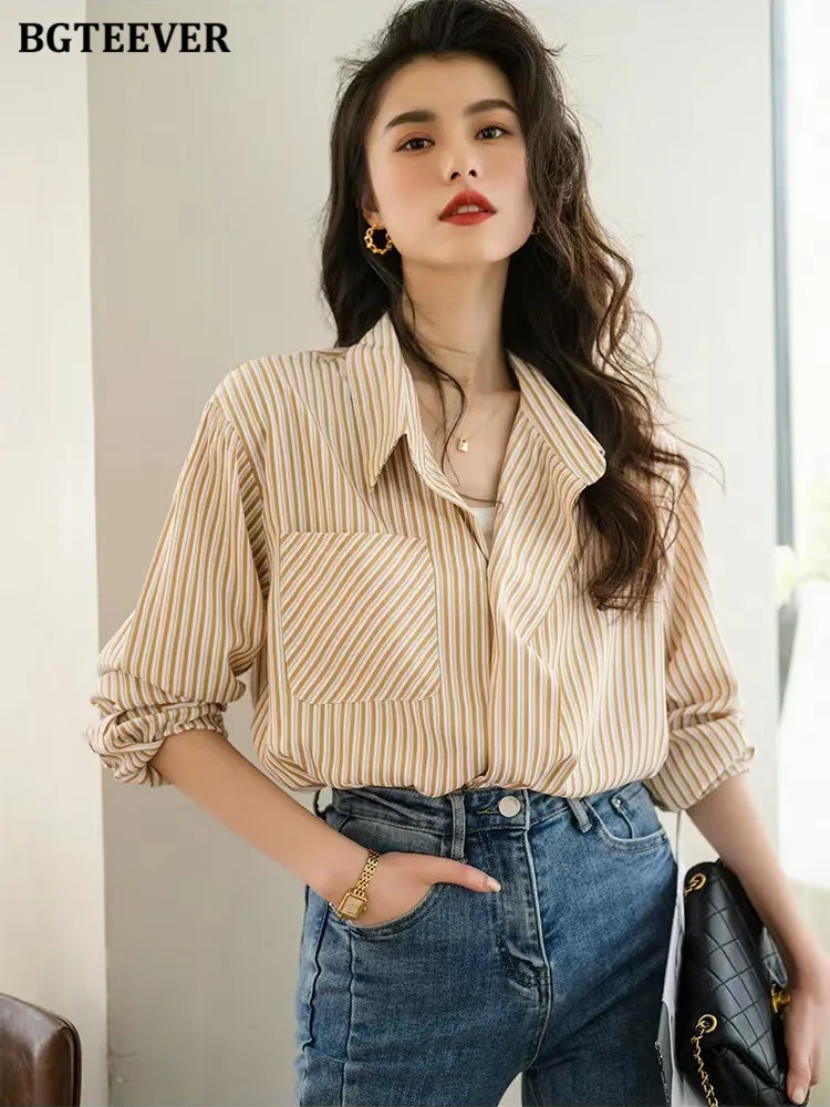 BGTEEVER Stylish Loose Single-breasted Women Striped Shirts Casual Lapel Long Sleeve Ladies Blouses Tops 2022