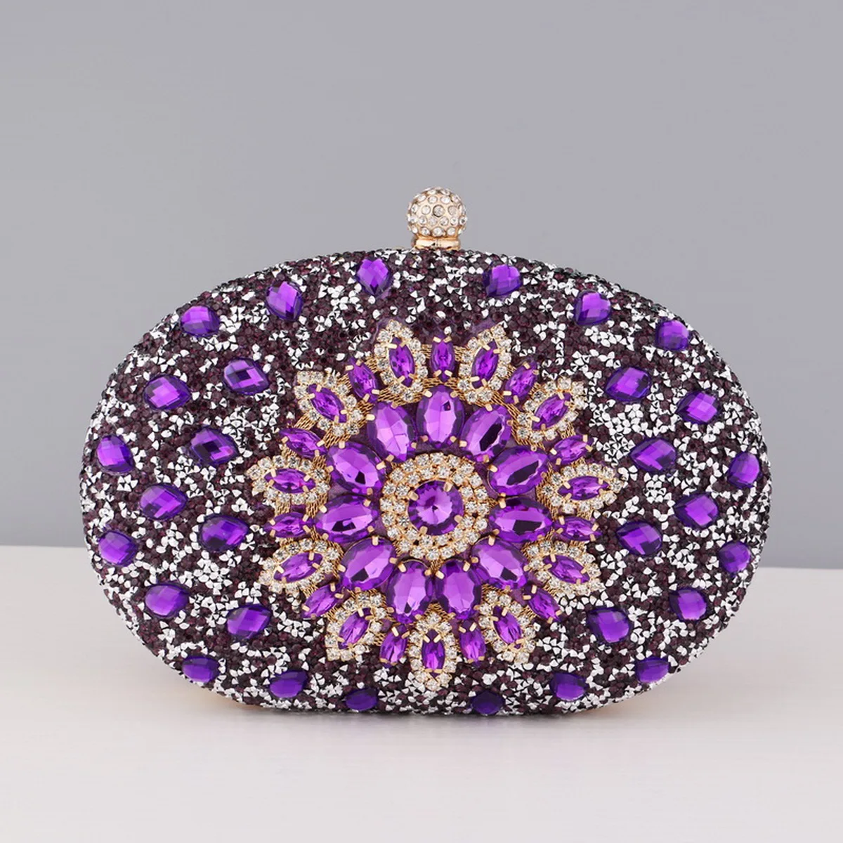 Diamonds Purple Color Women Evening Bags Flower Rhinestones Egg Design Fashion Female Clutch Handbags