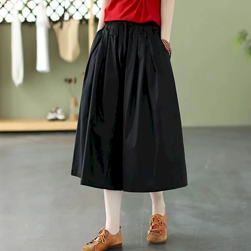 

Straight Pants for Women Solid Loose Casual Vintage Summer Literary Korean Style Elastic Waist Cropped Trousers Wide Leg Pants