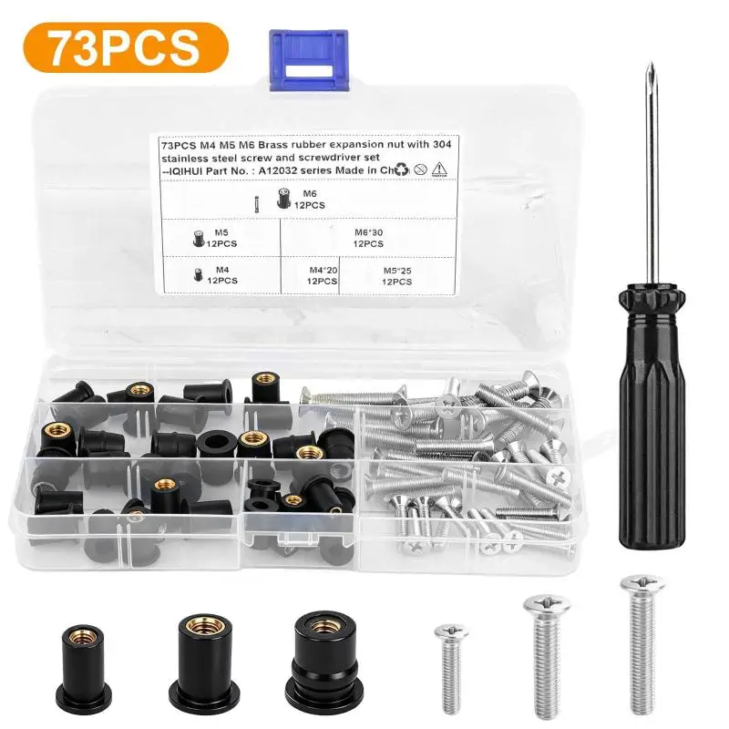 Stainless Steel Expansion Nut Kit 73PCS M4 M5 M6 with Screws Screwdriver for Car Modification & Repair Projects