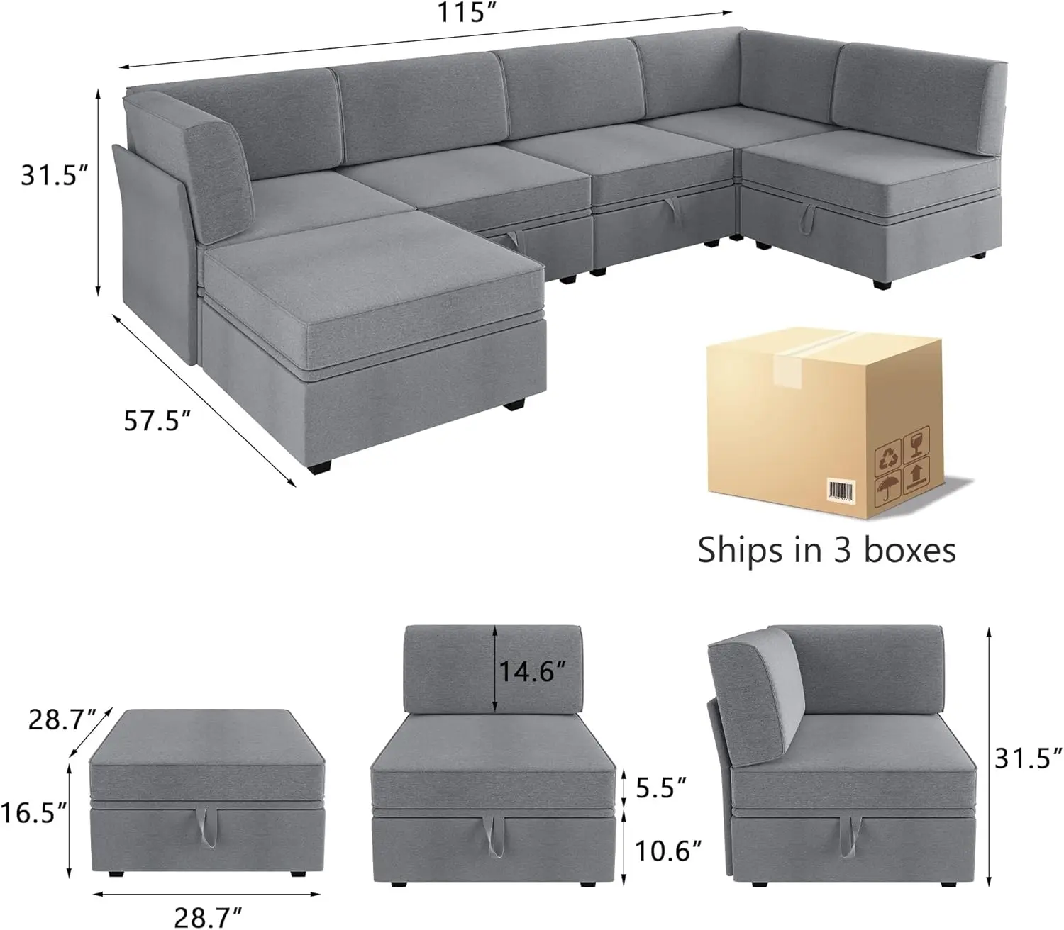 Hnebc Sectional Couches For Living Room, Modular Sofas For Living Room With Srorage, 6 Seat Convertible U/L Shaped Couch，High