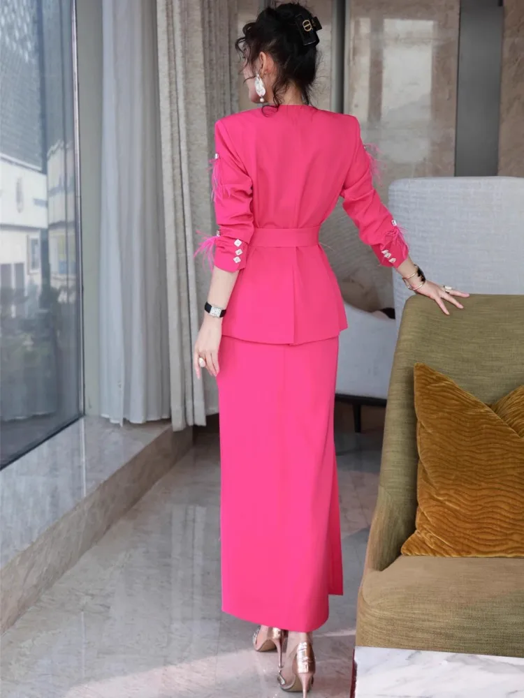 2025 New Fashion Female Diamonds Shiny Feather Design Suits Ankle Length Skirt Elegant Two Piece Set Chic Outfits Matching Sets
