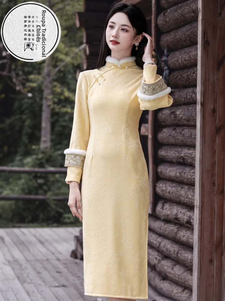 young-sle-thiened-warm-yellow-qipao-dr-retro-faion-ort-size-women's-autumn-winter-dr-polyester-fiber-long-sve
