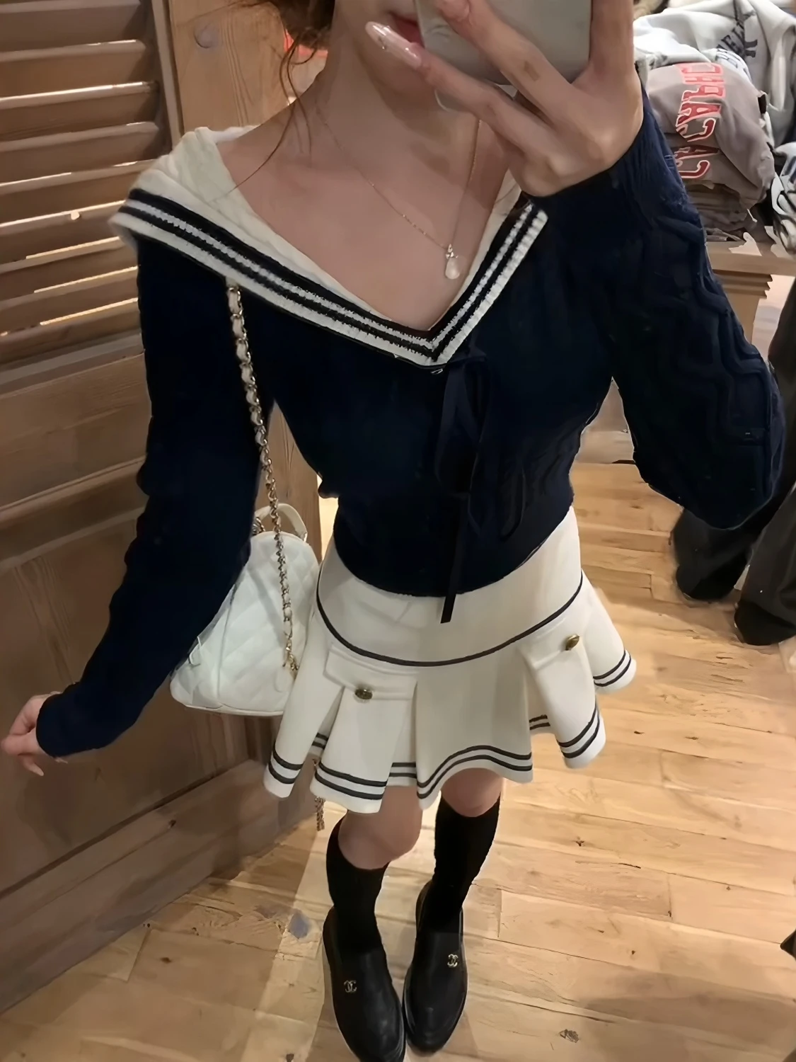 

College Sle Long Sve Knitted Sweater And High Waist Skirt Two Piece Set for Women Navy Collar Slimming Autumn Faion