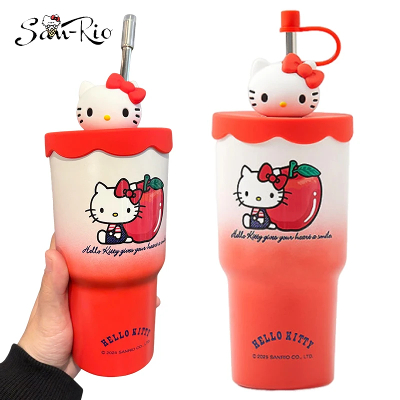 20Oz Hello Kitty Stainless Steel Cup Vacuum Straw Insulated Cups Travel Water Bottle 580Ml Sports Water Bottle Girl Vacuum Flask