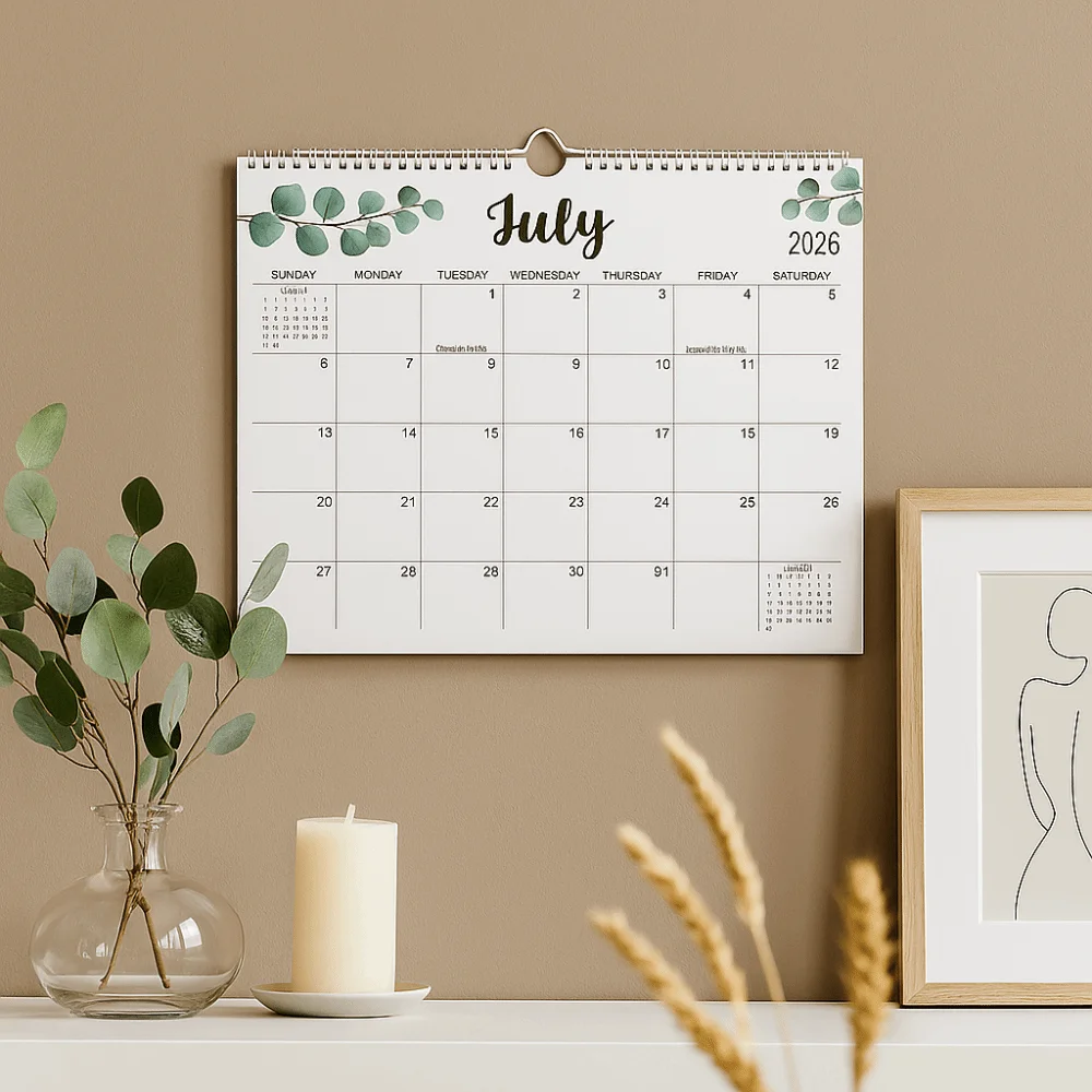 

18 Months Leaf Pattern Calendar Square Coil Binding English Calendar Minimalist Portable Wall Calendar Student Gift