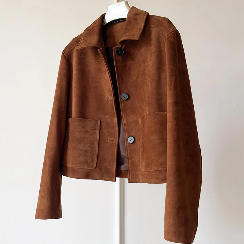 เสื้อโค้ทหนังแท้ผู้หญิงสไตล์เรโทร หนังแพะกลับ หนังแกะ ทรงสลิม สั้น ลำลอง กระดุมแถวเดียว มีกระเป๋า