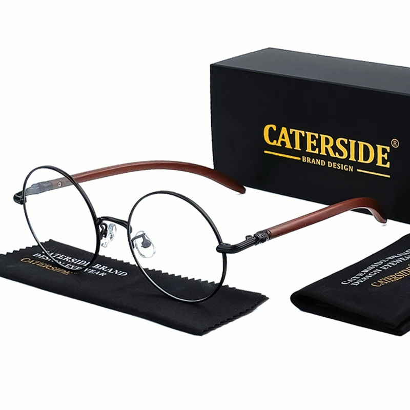 CATERSIDE Retro Runde Anti-Blaulicht-Brille für Herren, Holzmaserung, Metallrahmen, Damenbrille mit flachem Rahmen, hochwertige Brillen – Detail 6
