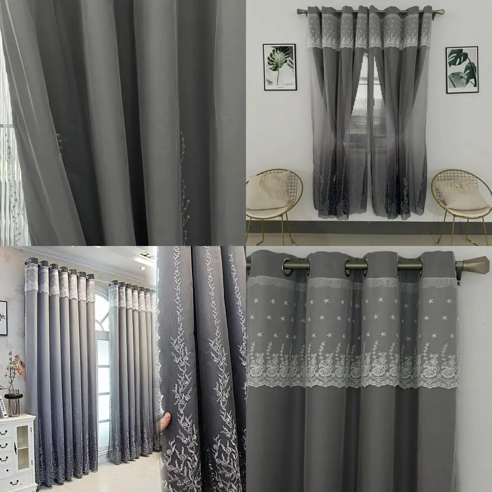

Gradient Coral Tree Embroidered Double Layer Curtains, 54x84 Inches, Grey for Living Room and Bedroom