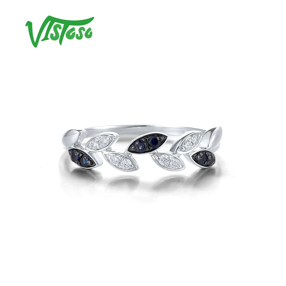 VISTOSO Authentic 14K 585 White Gold Rings For Women Sparkling Diamond Blue Sapphire Classic Leaf Shaped Wedding Fine Jewelry