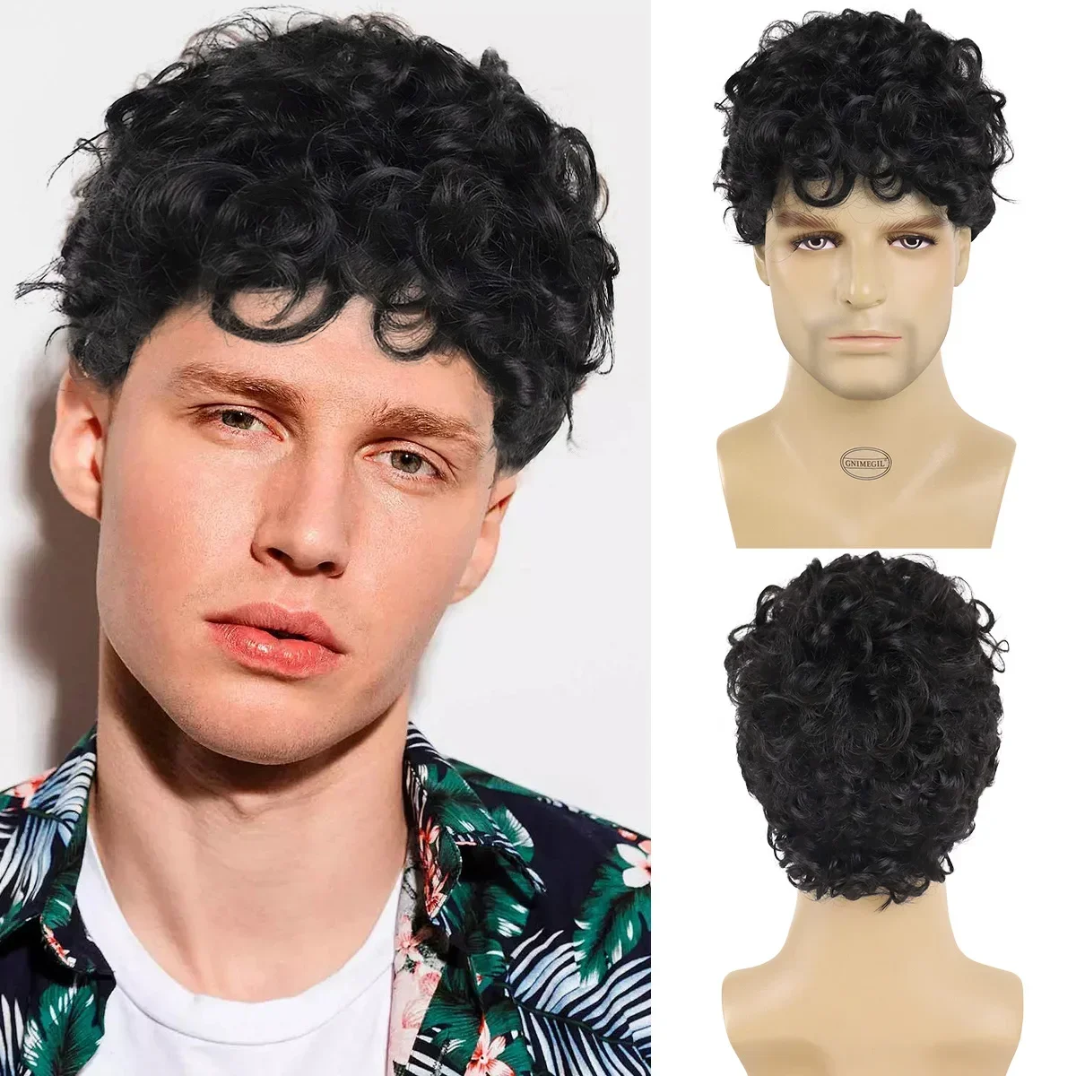 

Synthetic Curly Black Wisg for Men Short Curly Hair Natural Hairstyles Cool Wigs Male Fashion Wig with Bangs Man Guys Wig Good