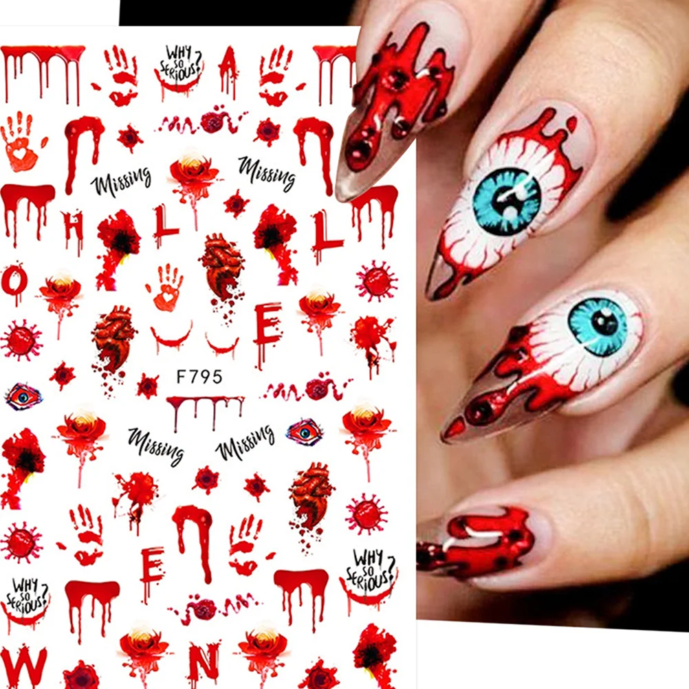 2 Sheets Halloween Nail Stickers Fake Decor Bloody Decals Supply Party Supplies Self Adhesive Gel