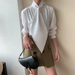 Bonboho Women's White High Neck Blouse With Statement Tie 2026 Spring Summer Casual Loose Long Sleeve Asymmetric Hem Shirt