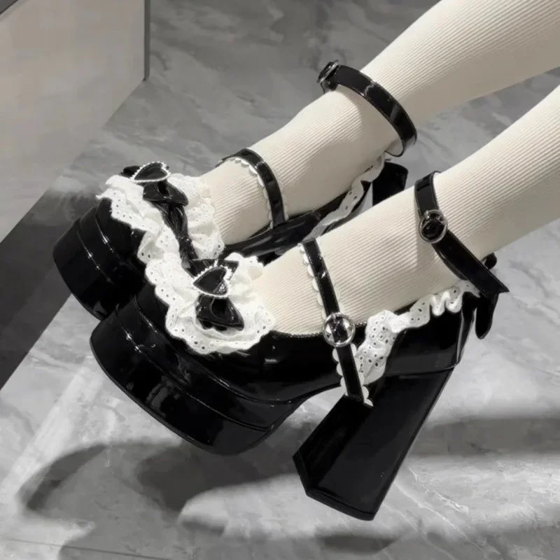 Sweet Cute Bowknots Lolita High Heels Lace Heart Bow Ankle Strap Platform Mary Janes Shoes for Women Preppy Style Princess Shoes