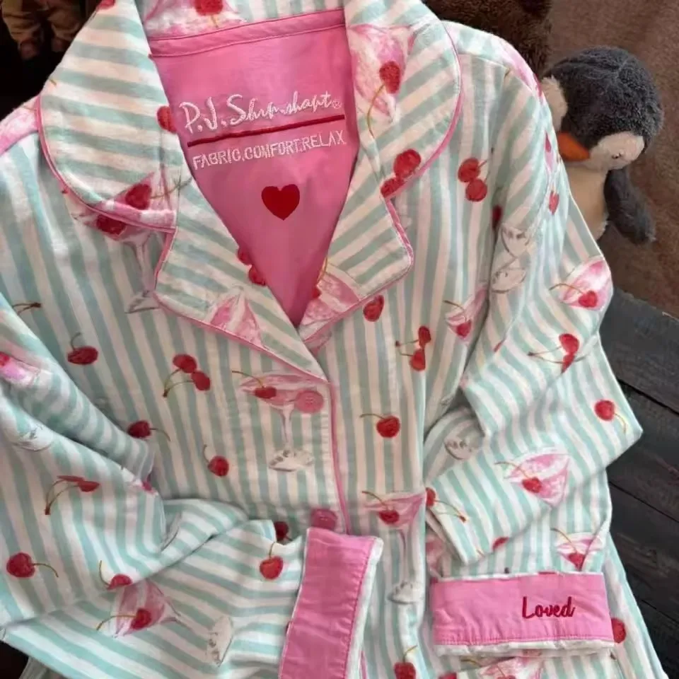 

Женский хлопковый пижамный комплект с принтом и длинным рукавом, осенне-зимняя женская одежда для сна, комплект из 2 предметов с брюками, однобортный женский пижамный костюм