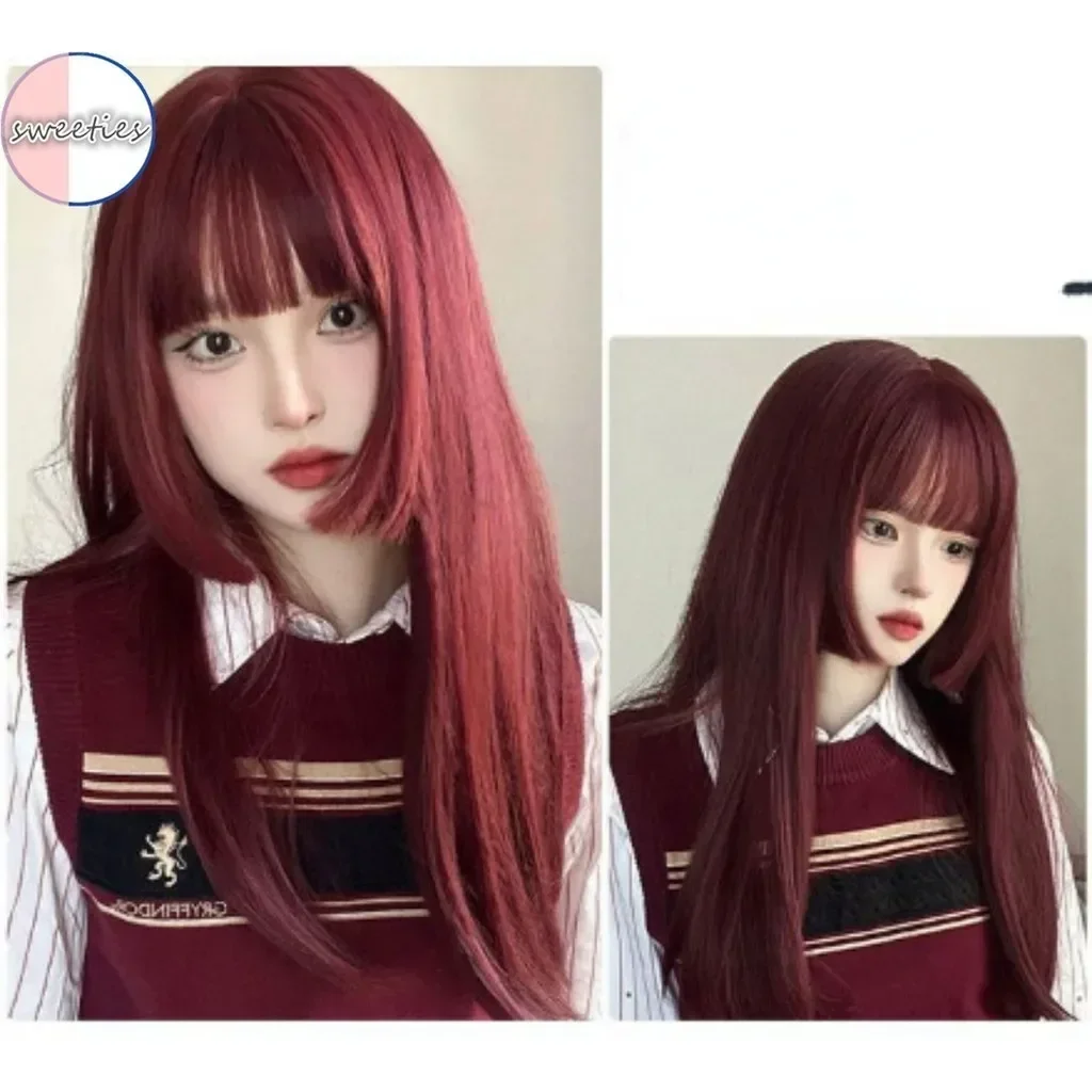 75cmロングストレート合成ウィッグ耐熱シルク風レッドカラーフルヘッドヘアピースボリュームアップナチュラルルック女性用